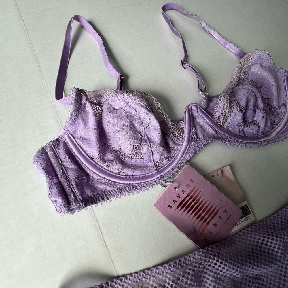 NWT Savage X Fenty FLORAL GLOW UNLINED LACE BRA purple lavender 36B & Medium - Picture 4 of 14